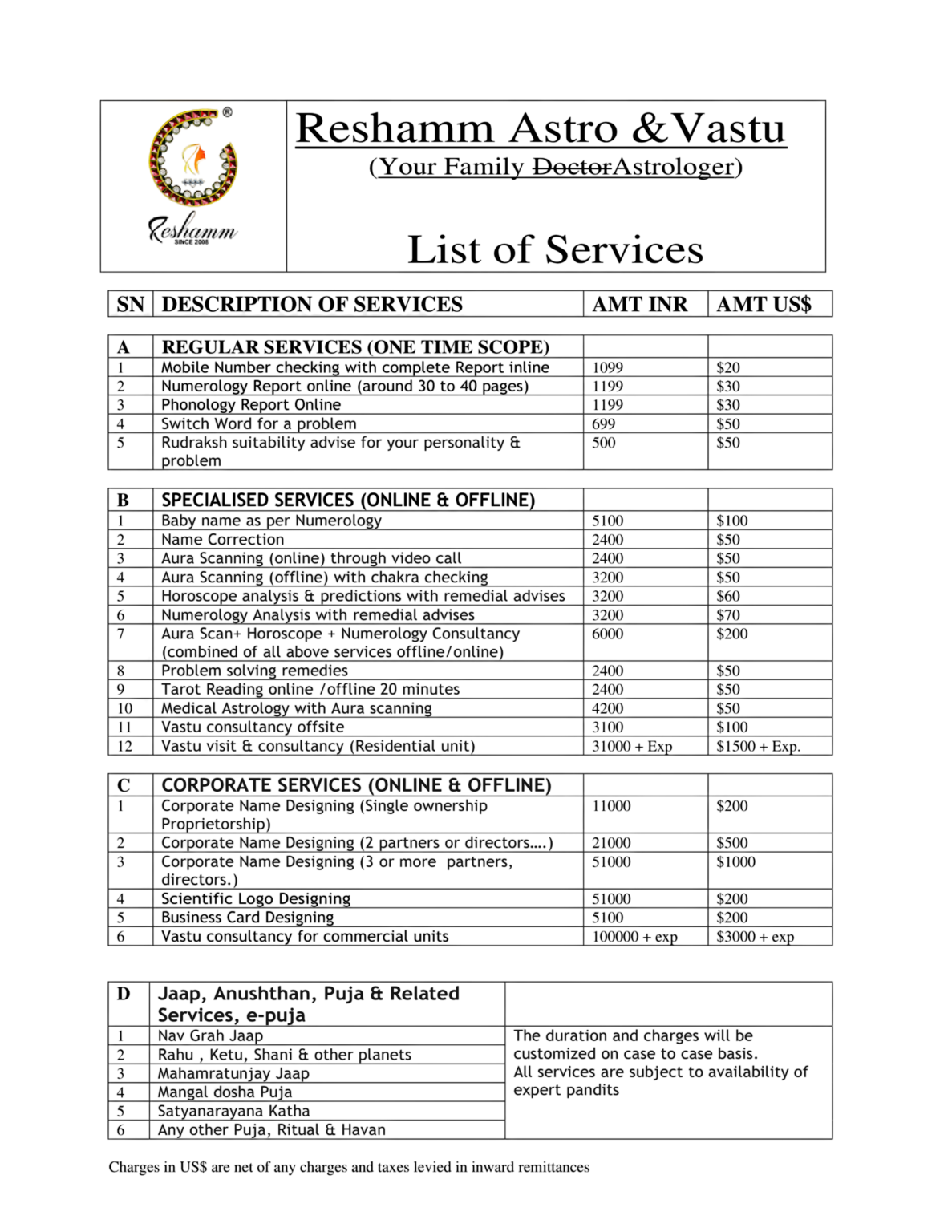 Reshamm Astro Price List